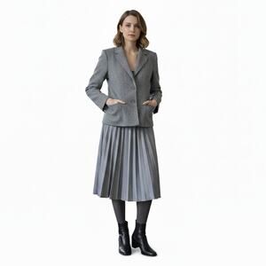 Vintage 70s/80s Academia Herringbone Suit Pleats Midi Skirt Blazer Gray Sz 11/12